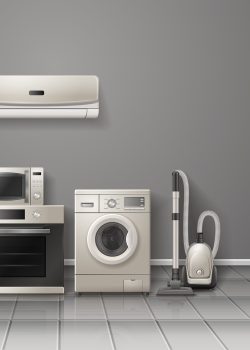 Household appliances realistic monochrome relocation image with refrigerator washing machine vacuum cleaner stove kitchen hood vector illustration